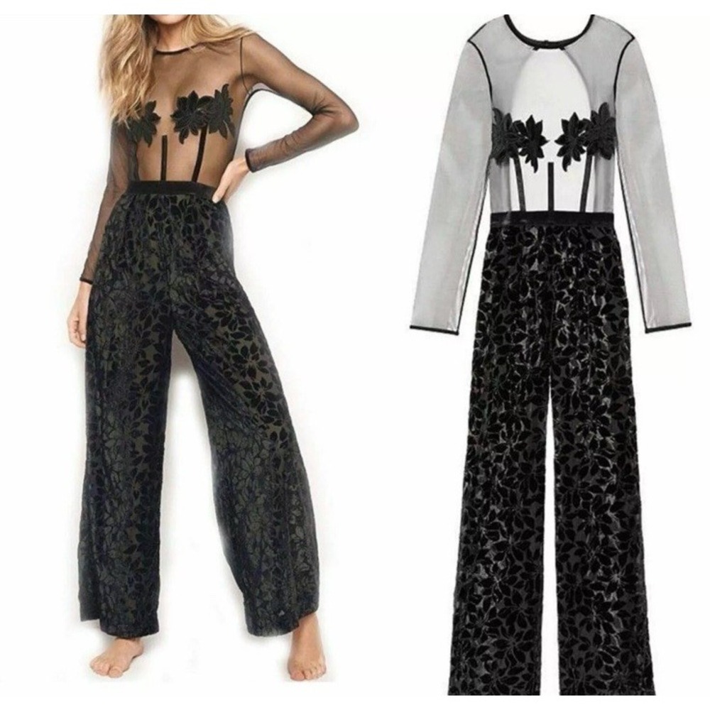 VICTORIA'S SECRET Sheer‎ Velvet Romper Open Back Jumpsuit Wide Leg Pants Mesh S